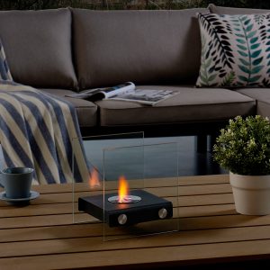 Outdoor Square Smokeless Tabletop Gray Metal with Clear Glass Ethanol Fire Pit